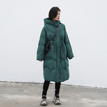 CHICVEN Korean long knee hooded drawstring waist thick down jacket 90 white duck down jacket women autumn and winter
