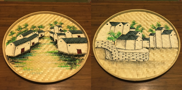 纯手工彩绘竹簸箕画竹匾竹筛画创意装饰画农家乐火锅店酒店竹筐画