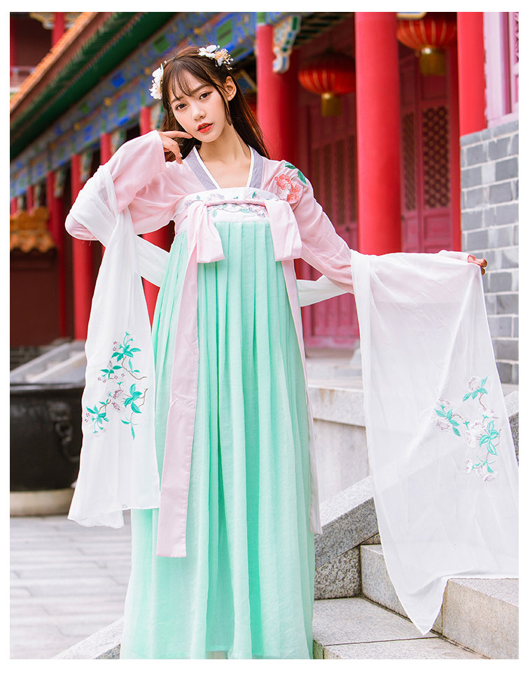 古典传统汉服长袖刺绣花齐胸襦裙长裙日常古装舞蹈服表演服