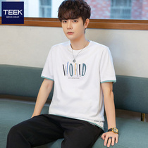TEEK fake two pieces of pure cotton short sleeve T-shirt male fun printed new pint of young summer dress ice silk half-sleeve shirt