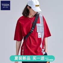 (National tide new products buy 1 get 1 free)t-shirt mens short-sleeved Chinese style red loose top 2021 summer couple outfit