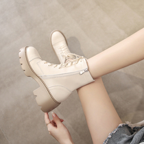 Thick Bottom Martin Boots Woman 2022 New Inron Wind Boots White Short Boots Coarse Heels 100 Hitch Genuine Leather Locomotive Boots