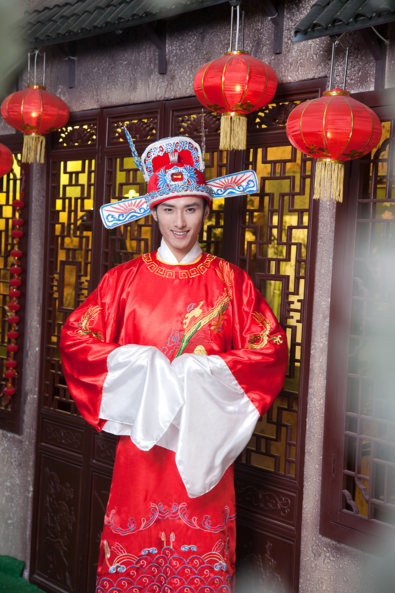 出租 中式婚礼服装凤冠霞披状元服女驸马演出服装状元服财神服装