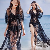 Bikini three-piece blouse lace hollow long skirt sexy swimsuit outer wear plus size sunscreen clothing beach jacket transparent