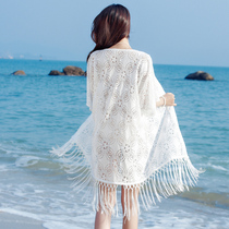 Sunscreen clothes Womens hot spring sand cover Bikini blouse Lace cardigan Mid-length tassel swimsuit beach jacket