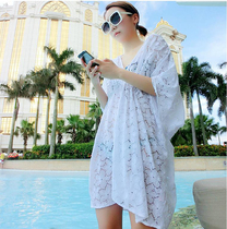 Bikini blouse with hollow seaside swimsuit jacket hot spring lace beach skirt Mid-length sunscreen clothes large size