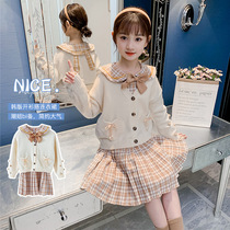 6 girls autumn clothes 5-7 childrens two-piece set 11 little girl foreign knitted cardigan 12 middle and big children floral skirt 10 years old