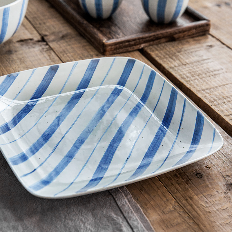 Lototo household ceramic flat dish dish dish beefsteak salad plate creative hand - made stripe plate breakfast tray