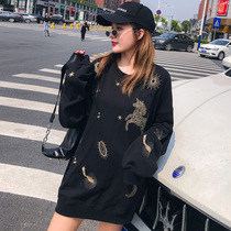  Spring and autumn sweater female ins tide 2021 new Korean loose round neck embroidery hooded autumn fashion top thin section