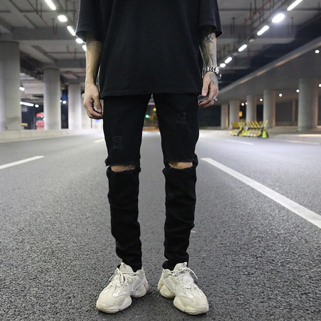 INS European and American high street style classic all-match knife cut hole black stretch slim jeans KANYE same paragraph INS European and American high street style classic all-match knife cut hole black stretch slim jeans KANYE same paragraph
