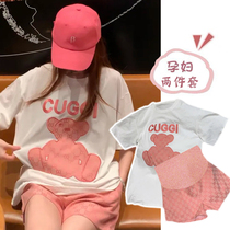 Pregnant Women summer suit out summer Net red embroidery print bear round neck short sleeve T-shirt shorts two-piece set