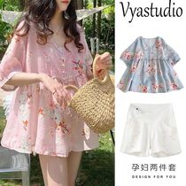 Pregnant womens summer suit out Fashion Net red ocean baby shirt shirt summer thin shorts large size two-piece set