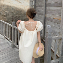 Pregnant woman temperament senior sense backless pearl lace-up sweet and gentle dress French style square collar bubble sleeve skirt