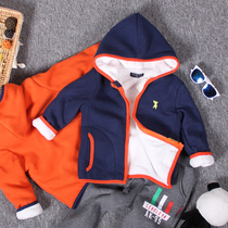 Boy fleece jacket plus velvet padded padded children solid color winter New hooded baby zipper shirt coat