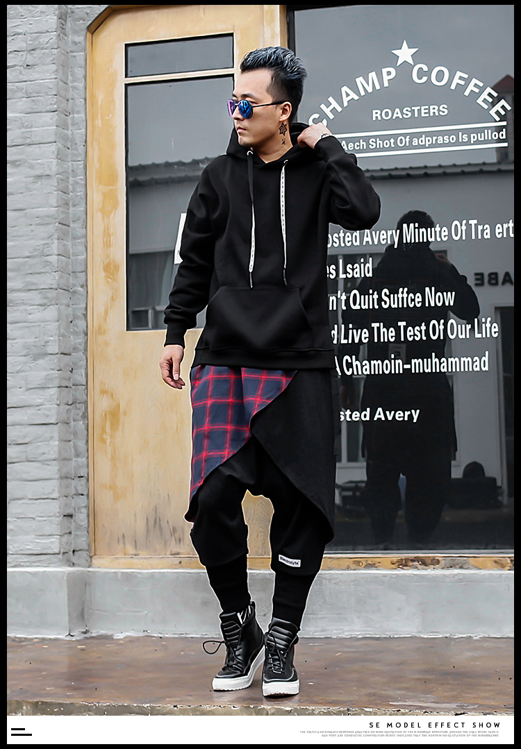 夏季假两件嘻哈裤潮流宽松垮裤韩版裙裤hiphop大码哈伦裤格子男_商品