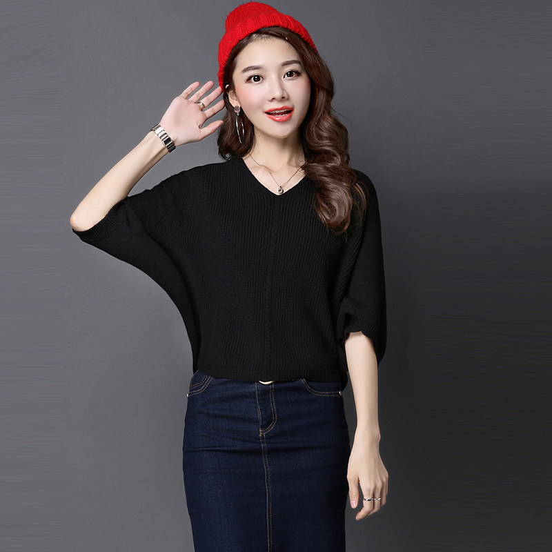 MFON/麦风尚2016秋季新品韩版短款V领五分袖蝙蝠袖针织套头毛衣女产品展示图1