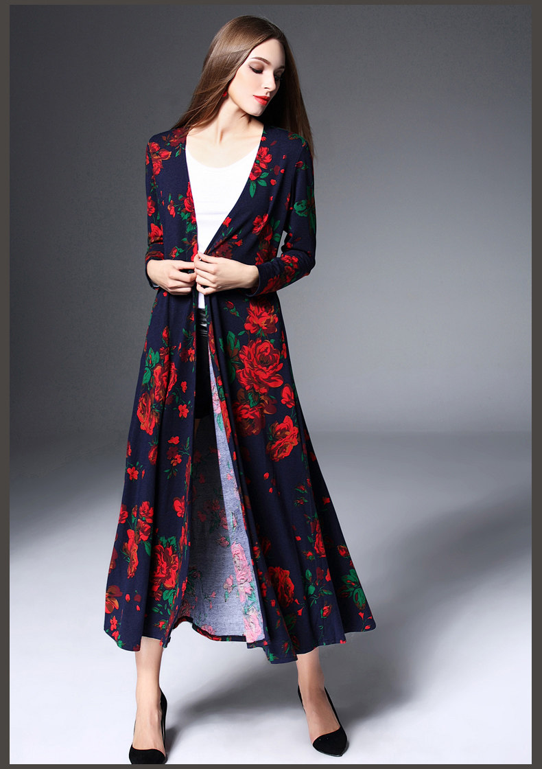180度高端女装2017新款秋冬长袖印花长款开衫女薄款百搭外套4031