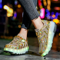 Walking shoes two-wheel four-wheel walking boys and girls burst walking shoes deformation shoes student pulley shoelace wheel shoes