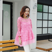 2021 autumn womens new large size flared sleeve slim sweet lace shirt two-piece fashion hollow top women