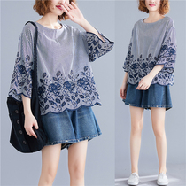 Summer new Korean version striped round neck thin stitching crochet hollow top loose large size wild shirt women