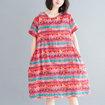 Real shot summer new cotton and hemp print loose large size knee-length short-sleeved dress