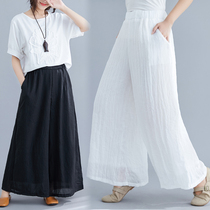 Fat sister large size womens clothing wide leg pants Cotton and hemp elastic waist solid color wild loose yoga Chinese casual pants