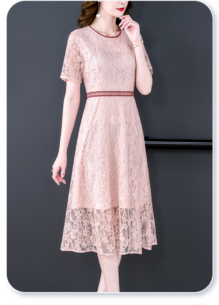 8319#优雅蕾丝刺绣连衣裙女夏2022年新款气质圆领烫金显瘦中长裙 - 17