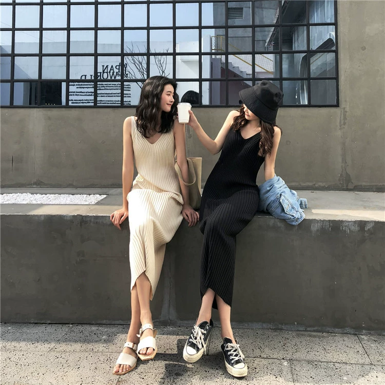 Mùa thu năm 2021 phiên bản mới của Hàn Quốc của chiếc váy dệt kim màu đỏ lưới giản dị sling váy dài trung niên váy cơ sở xu hướng của phụ nữ - váy đầm