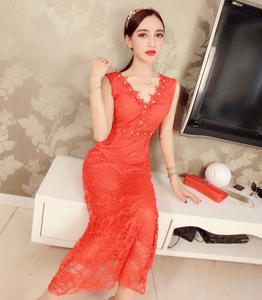 Lace wedding dress red fishtail dinner dress