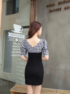 Slim fit chequered patchwork buttock dress