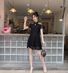 Retro style improved stand collar plate buckle cut out slim body perspective lace cheongsam dress