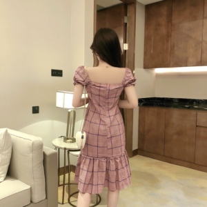 Plaid retro gathered waistband one line shoulder lotus leaf edge fishtail dress