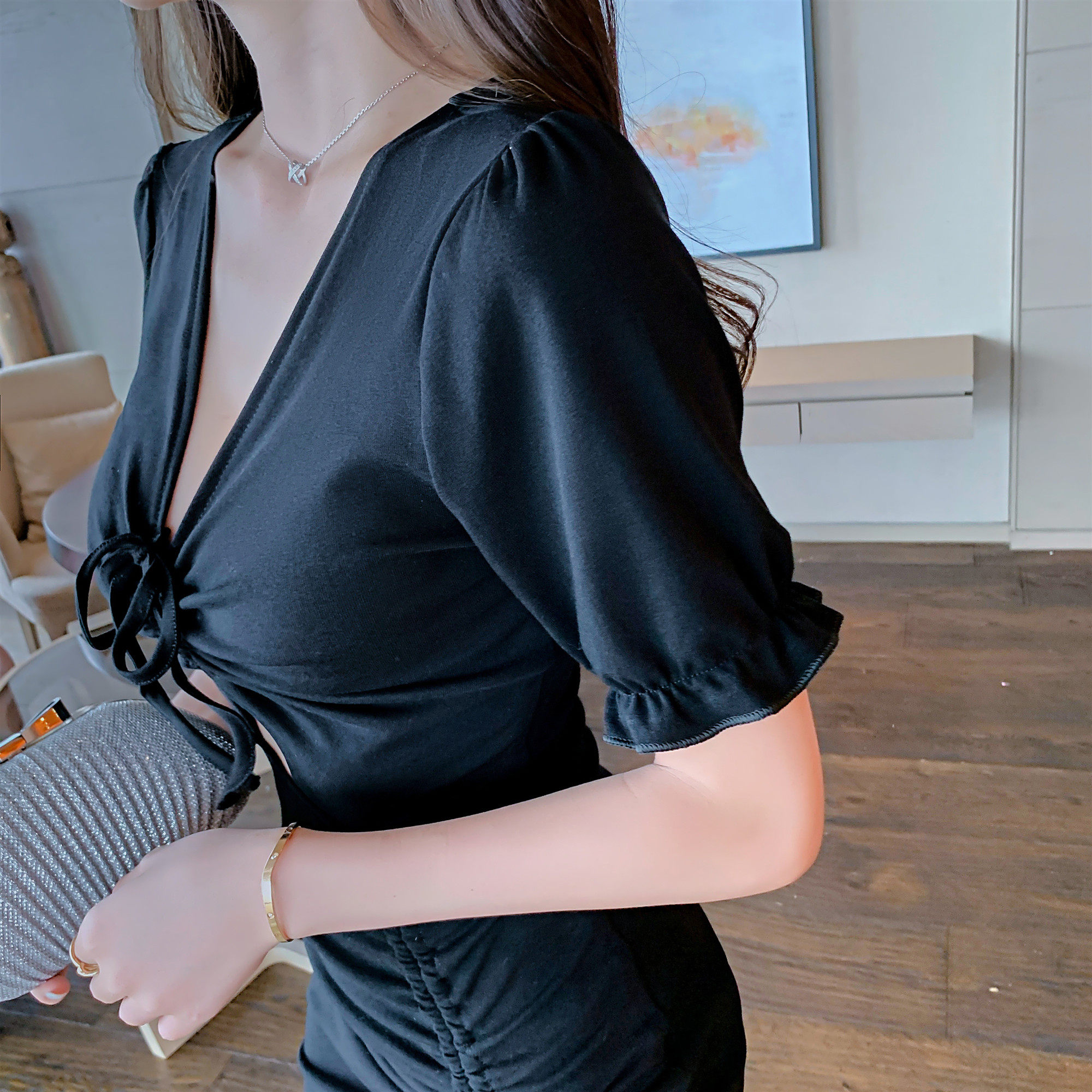 9764#实拍夜店足疗足浴镂空黑色小心机骚低胸夜场性感连衣裙