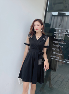 French style tassel waistband show thin suit collar small black skirt