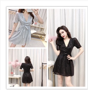 New fashion sexy V-neck short sleeve Sequin lace up waist dress