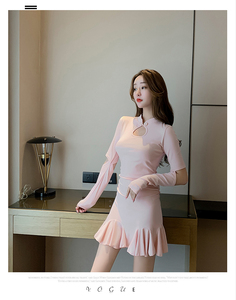 New Retro cheongsam style waistband ruffled Long Sleeve Dress