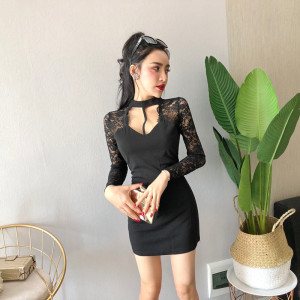 Autumn and winter fashion sexy cut out lace splicing neck slim dress