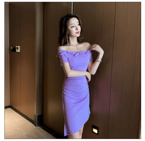 One line off shoulder short sleeve slim wrap hip sexy dress