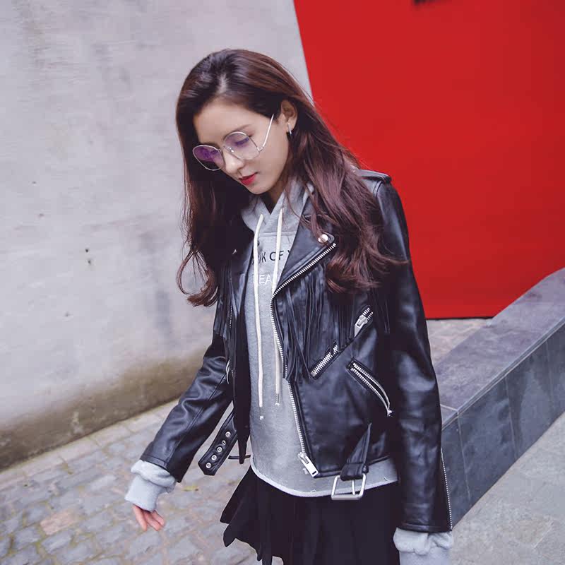 张予曦 黑色流苏短款小皮衣女秋冬休闲机车服