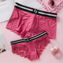 Soft Modal Cotton Couple Underpants Set Low Waist Lace Trim Sexy Panties Women breifs Mens Flat Corner