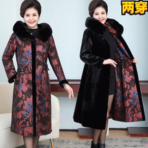 2021 new winter mother dress large size double-sided fur one coat medium long waist printed trench coat