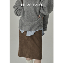 HAVERICE restaurant full of retro feel corduroy straight skirt mid-length brown all-match skirt autumn