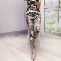 European station 2021 summer new European tide heavy industry flower nail bead gilding nine small feet jeans large size female