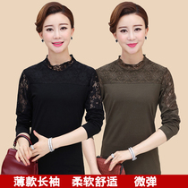 Spring new middle-aged and elderly cotton t-shirt female mother outfit middle-aged women lace bottoming shirt spring and autumn long-sleeved top