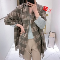 Joker popular simple large plaid wool imitation cashmere autumn and winter knitted scarf women shawl collar
