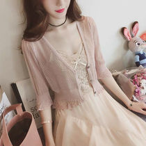 Baipeng ice silk cardigan womens spring summer and autumn thin high-waisted short shawl air conditioning shirt with sundress small outer cloak