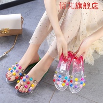 Childrens slippers Summer little girl fashion outside wearing flat word drag mother and daughter parent-child crystal pearl soft-soled beach shoes