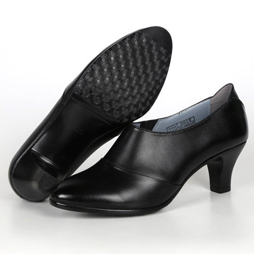 强人女真皮工作鞋黑色中跟尖头商务正装四季职业通勤女单皮鞋包邮_7折