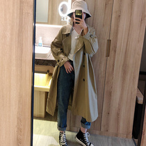 Autumn medium and long casual windbreaker jacket female Korean version loose with belt fashion temperament solid color coat Khaki