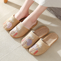 Slippers Women Spring and Autumn Indoor Chinese Style Home Linen Baotou Simple and Comfortable Four Seasons Male Summer Silent Weaving Sweat